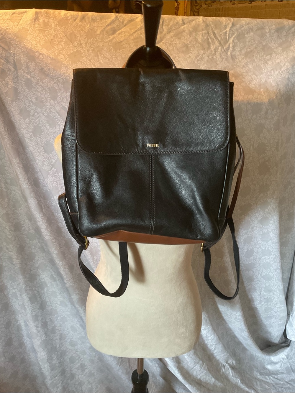 Fossil Black Leather Two-Tone Backpack